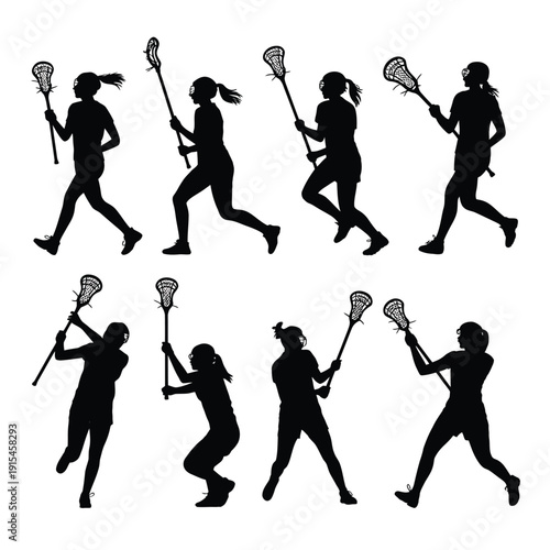 Silhouettes of women playing lacrosse in various action poses