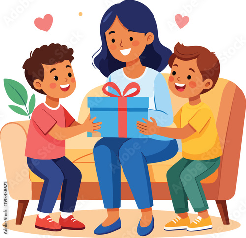 Mother and Sons Giving a Gift Box on Mother's Day Celebration