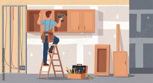 Man installing cabinets on ladder with tools and materials around him in a room under construction with exposed wiring