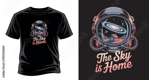 Astronaut helmet reflecting a galaxy with a house and text the sky is home, space exploration art