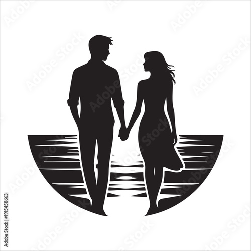 sunset couple vector silhouette line art logo concept illustration