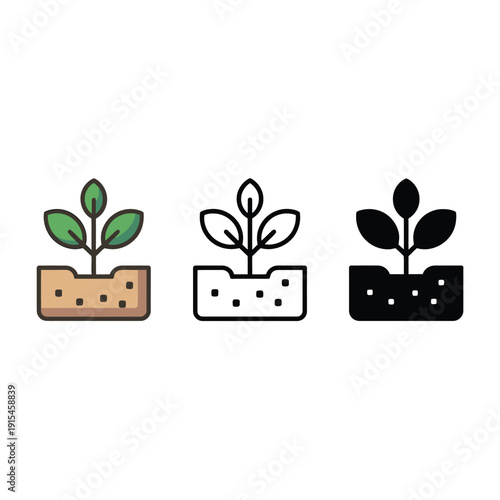 Three stylized sprout icons depicting growth in varying color schemes