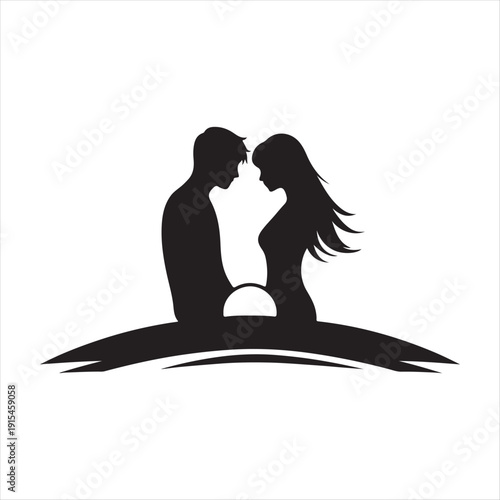 sunset couple vector silhouette line art logo concept illustration
