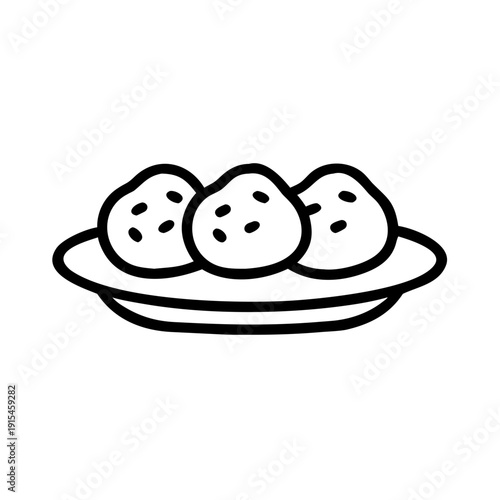 This is a vector graphic illustration of three dumplings on a plate, designed in a minimalist line art style. The illustration features a simple and modern design, making it perfect for use as an icon