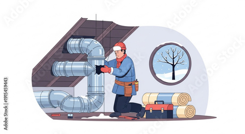 Hvac technician installing insulation and ductwork in a house with a winter scene outside the window