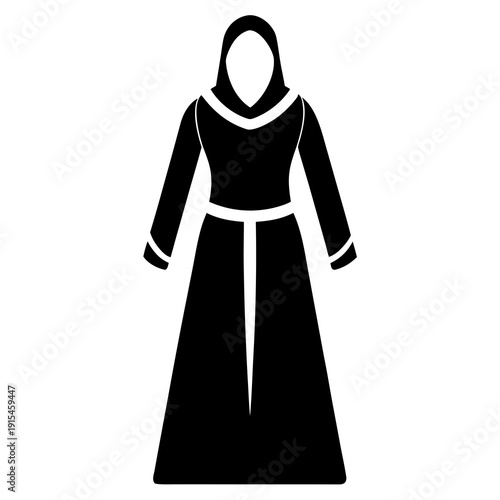 This is a vector graphic illustration of a nun's habit in a minimalist flat design style. The illustration features a simple black silhouette of a nun's habit with white accents on a transparent bg
