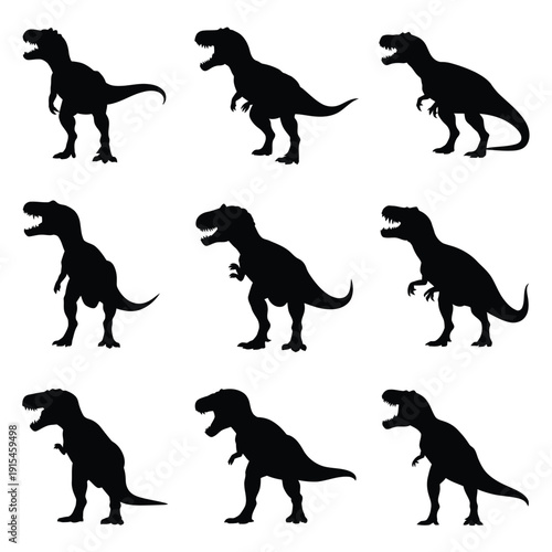 Silhouette depictions of multiple tyrannosaurus rex dinosaurs in various poses