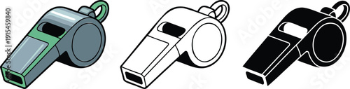 Referee whistle silhouette & Outline and illustration set isolated on transparent background