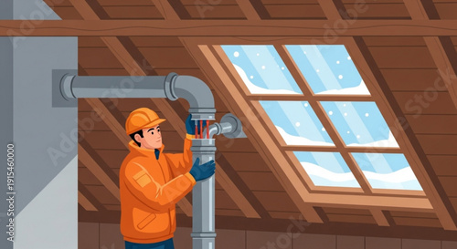 Worker in orange gear fixing large gray pipe under sloped roof with skylight
