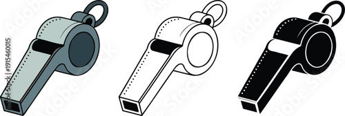 Referee whistle silhouette & Outline and illustration set isolated on transparent background