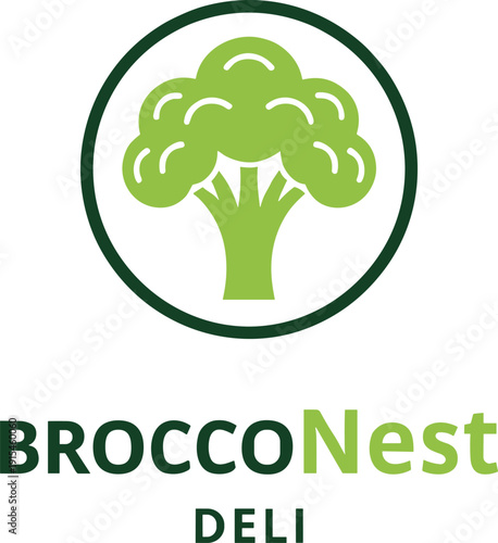 Broccoli deli logo design with green vegetable icon in circular badge style for organic food branding identity