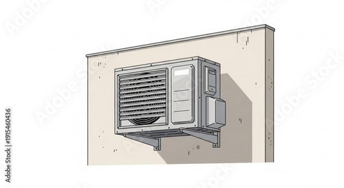 Air conditioning unit installed on a beige wall outdoors angled perspective