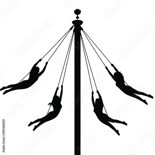 Silhouetted figures swinging from a central pole creating a dynamic scene