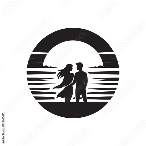 sunset couple vector silhouette line art logo concept illustration