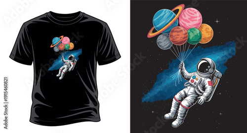Astronaut flying with colorful solar system planets creative t-shirt design concept