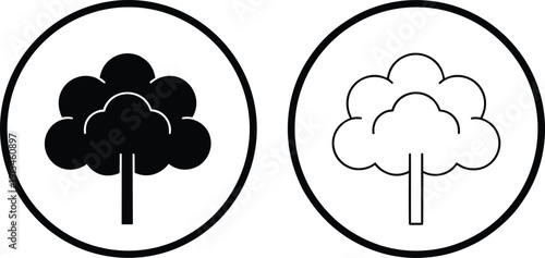 Minimal tree icon set in black and white circular frames for nature, ecology, and sustainability design projects