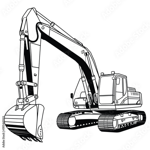 Line drawing of a heavy duty excavator machine on crawler tracks