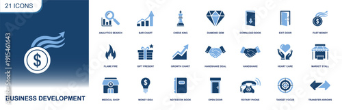 Business development icon set. Containing analytics, bar chart, growth, handshake, target focus, market stall, money idea, transfer arrows and strategy. Solid fill icons collection.