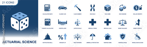 Actuarial science icon set. Containing dice probability, calculators, percent, growth, insurance shield, umbrella, home, health, disability and more. Solid fill vector icons collection.