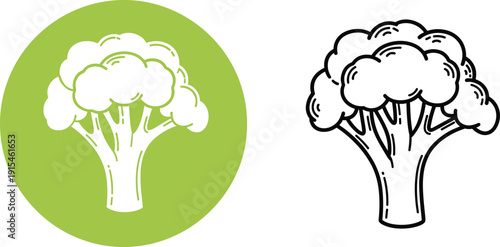 Broccoli vegetable icon in green circular badge and black outline style for healthy food, organic branding, and app design