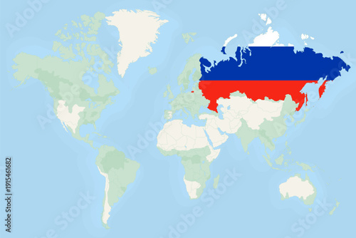 Russia Highlighted on World Map with National Flag. Russia Map and Flag.