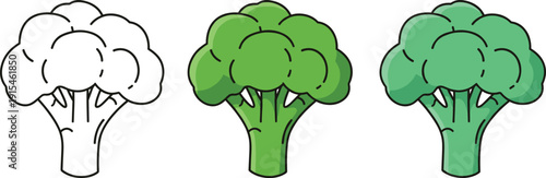 Broccoli cartoon icon set in outline and green color variations for healthy food, kids design, and nutrition projects