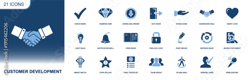 Customer development icon set. Containing handshake, giving hand, verified user, checklist, search document, notification bell, feedback mic, idea bulb, trust and more. Solid fill vector icons collect