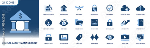 Digital asset management icon set. Containing cloud upload, folder, image, video, tag, analytics, link growth, bank, notebook, security locks and more. Solid fill vector icons collection.