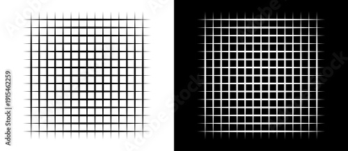 Abstract mirrored grid pattern with black and white contrast, symmetrical lines forming optical illusion effect, ideal for modern art, design, and decorative concepts.