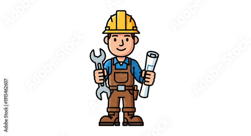 Cartoon Builder Holding Wrench and Blueprint.