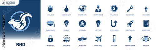 R&D icon set. Containing chemical flask, test tube, idea bulb, creative swirl, target scope, rocket launch, upgrade arrow, eco wrench and more. Solid fill vector icons collection.