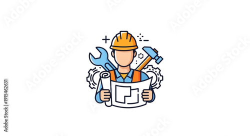 Cartoon Construction Worker Blueprint Tools.