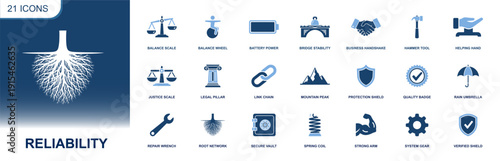 Reliability icon set. Containing balance scales, shield protection, verified badge, secure vault, link chain, root network, bridge stability, repair wrench, strong arm and more. Solid fill vector icon