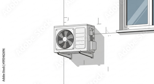Air conditioning unit installed on exterior wall beside window modern hvac system