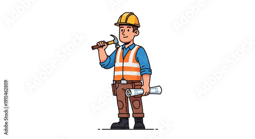 Cartoon Construction Worker with Tools.