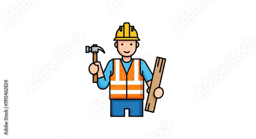 Cartoon Construction Worker with Tools.
