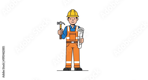 Cartoon Construction Worker with Tools.