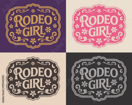 Girl Rodeo Classic American Old West Medal and Typographic Emblem Vector Label with Belt Buckle Design.