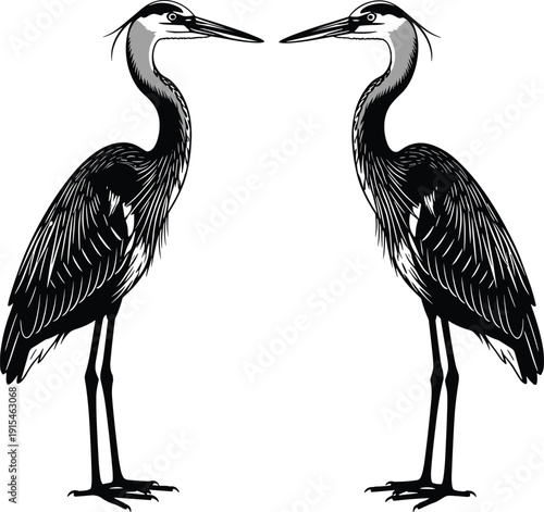 Photos Black and white vector line art illustration of two majestic grey herons standin