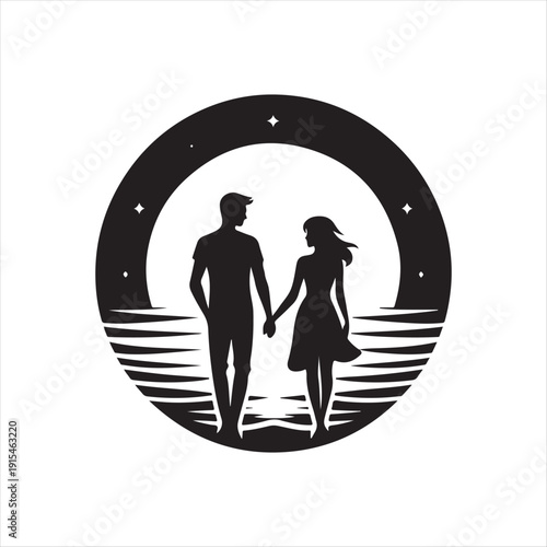 sunset couple vector silhouette line art logo concept illustration