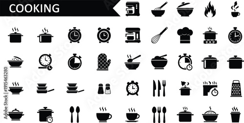 Minimalist cooking icons set with kitchen utensils, pots, timers, and appliances in clean black silhouette for culinary design projects branding use