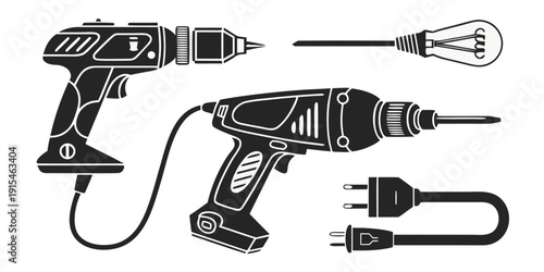 A variety of power tools including drills, a screwdriver, and a plug Vector