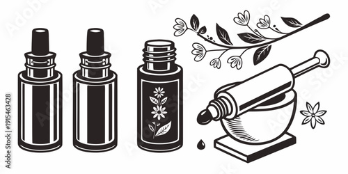 A collection of perfume bottles and a perfume atomizer on a table Vector