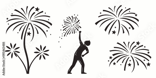A man with a stick is igniting fireworks in a field of tall plants. Vector