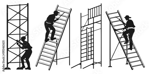 Four individuals climbing different types of ladders in a row. Vector