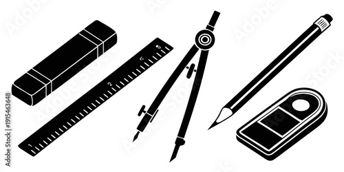 A variety of drafting and writing instruments laid out on a flat surface Vector