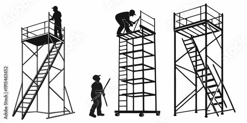Three individuals working with ladders and scaffolding in a construction environment Vector