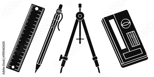 A collection of drafting tools including a ruler, pencil, compass, and set square Vector