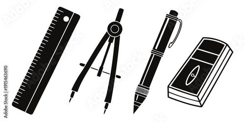 A collection of various tools including a ruler, compass, protractor, and calculator Vector