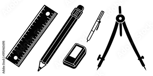 An assortment of stationery items including a ruler, protractor, compass, and pencils. Vector